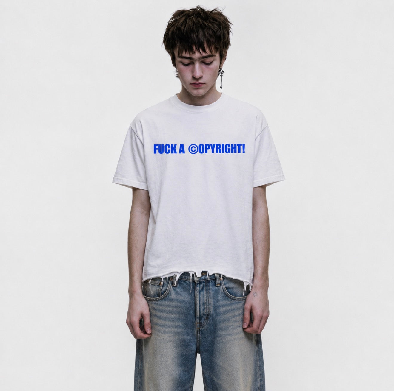 Fuck Copyright Distressed Tee — Blue Colorway